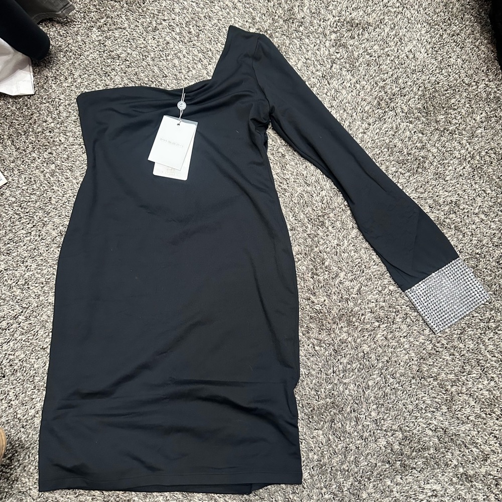 Bombshell Sportswear Black One-Shoulder Dress with Silver Cuff